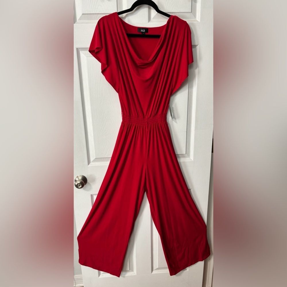 NWT Women's AGB Red Jumpsuit Stretch Drape Neck Wide Leg Size Medium Made In USA